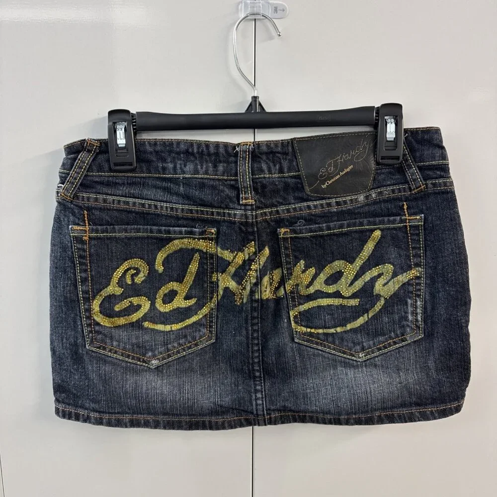 Vintage Ed Hardy Denim Mini Skirt Womens 28 Dark Blue Spell Out Rhinestones‎